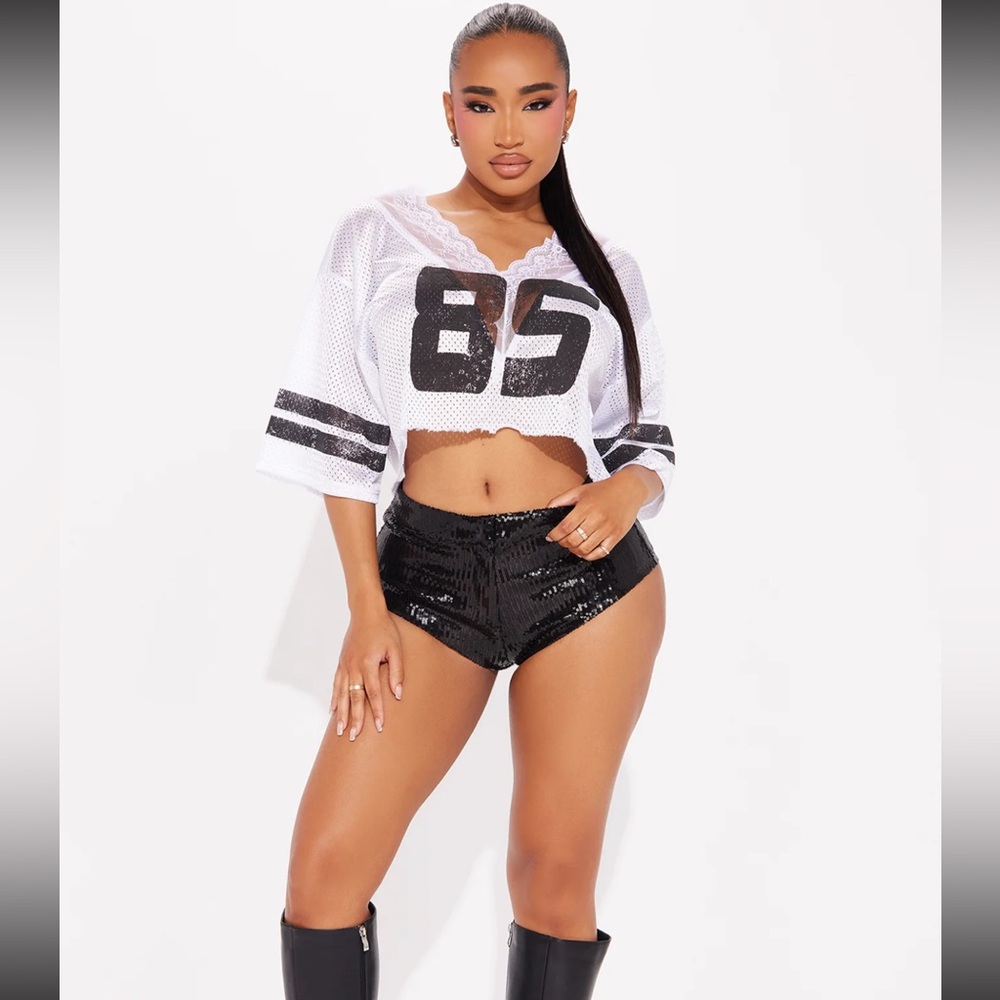 White and Black Mesh Jersey Top with Sequin Shorts